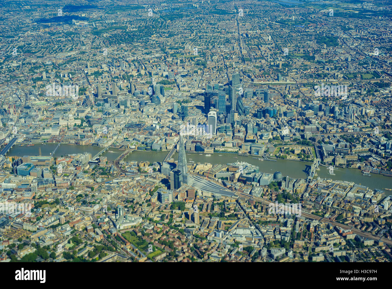 Aerial view of Clerkenwell, Farringdon, Barbican, Whitechapel, Wapping, Southwark of London, United Kingdom Stock Photo