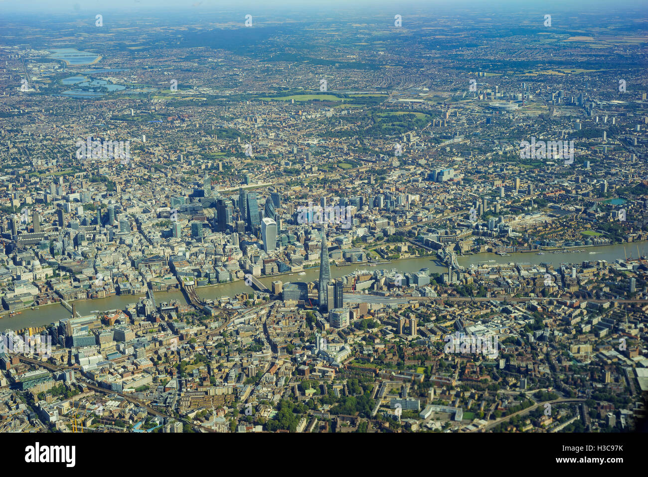 Aerial view of Clerkenwell, Farringdon, Barbican, Whitechapel, Wapping, Southwark of London, United Kingdom Stock Photo