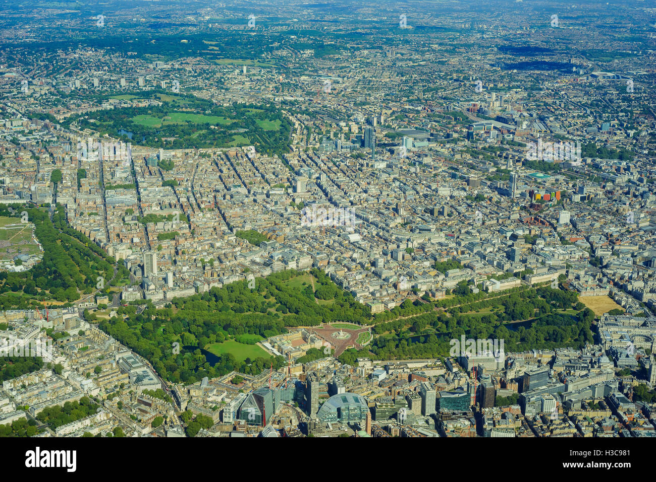 Aerial View of BuckingHam Palace, St. James's Park, Mayfair, Westminster, Covent Garden, Soho, Fitzrovia, Holborn of London, Uni Stock Photo