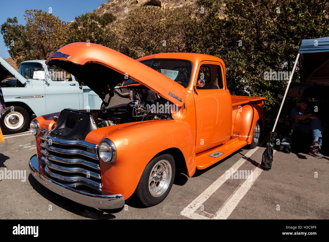 Laguna Beach, CA, USA - October 2, 2016: Orange 1948 Chevy Truck owned by Tim Timmerman and displayed at the Rotary Club of Lagu Stock Photo