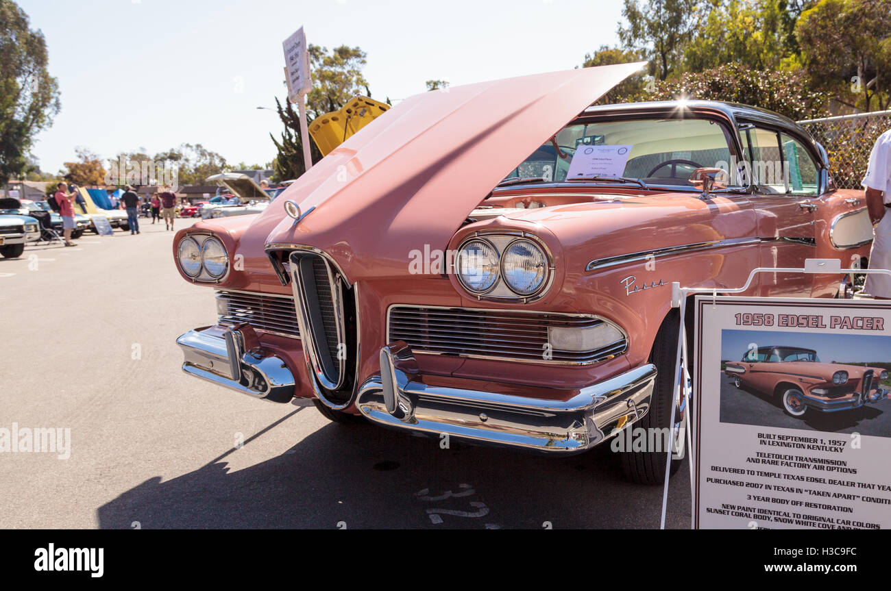 Laguna Beach, CA, USA - October 2, 2016: Pink 1958 Edsel Pacer owned by Robert Dwyer and displayed at the Rotary Club of Laguna Stock Photo