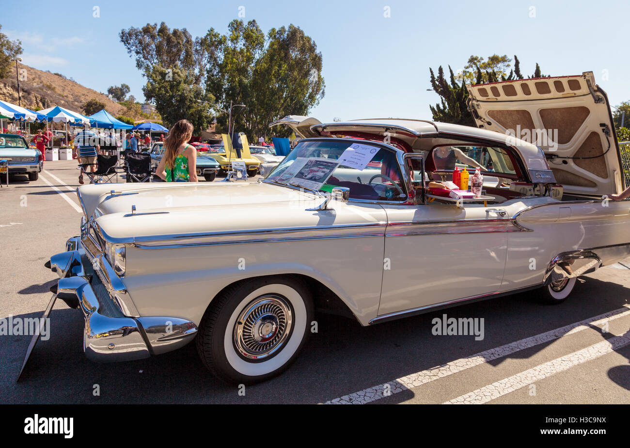 Laguna Beach, CA, USA - October 2, 2016: White 1959 Ford Galaxie owned by Wayne Mac Cartney and displayed at the Rotary Club of Stock Photo