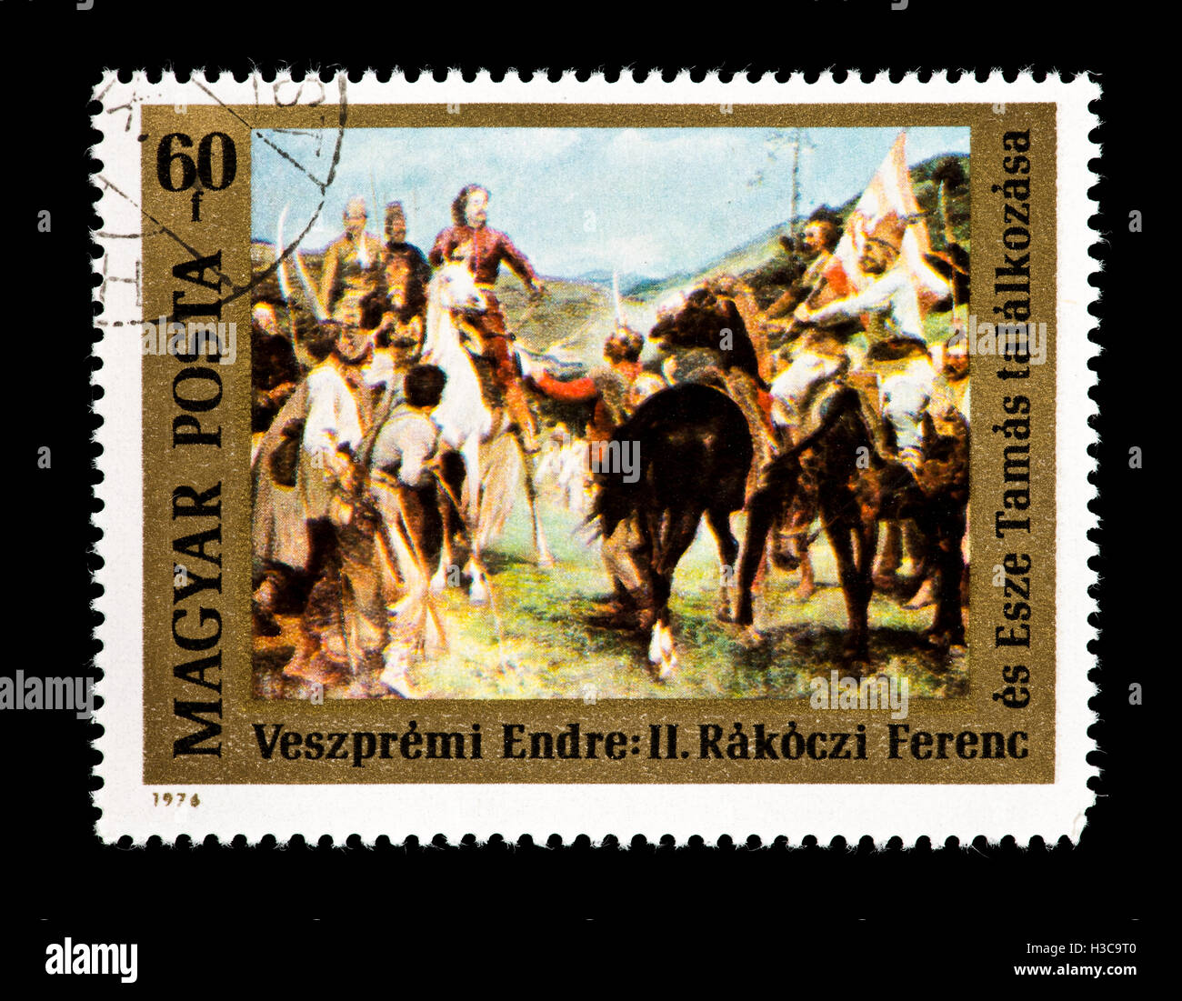 Postage stamp from Hungary showing Endre Veszprem painting 'Meeting of Rakoczi and Tamas Esze' 300th ann. of Francis II Rakoczy Stock Photo