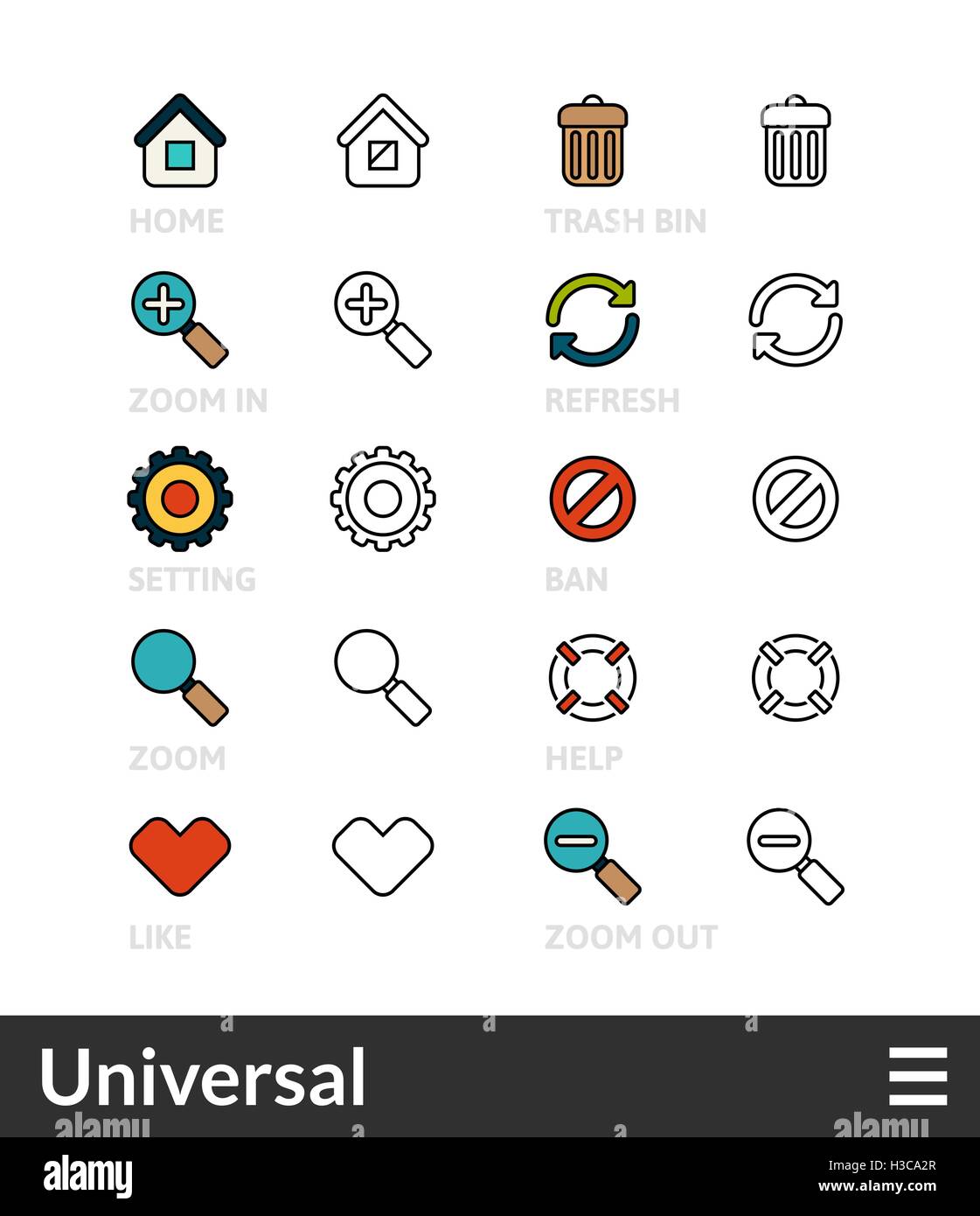 Black and color outline icons, thin stroke line style design Stock Vector