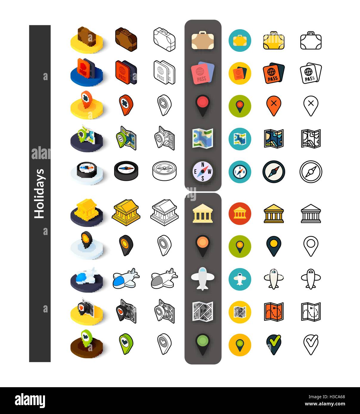 Set of icons in different style - isometric flat and otline, colored ...
