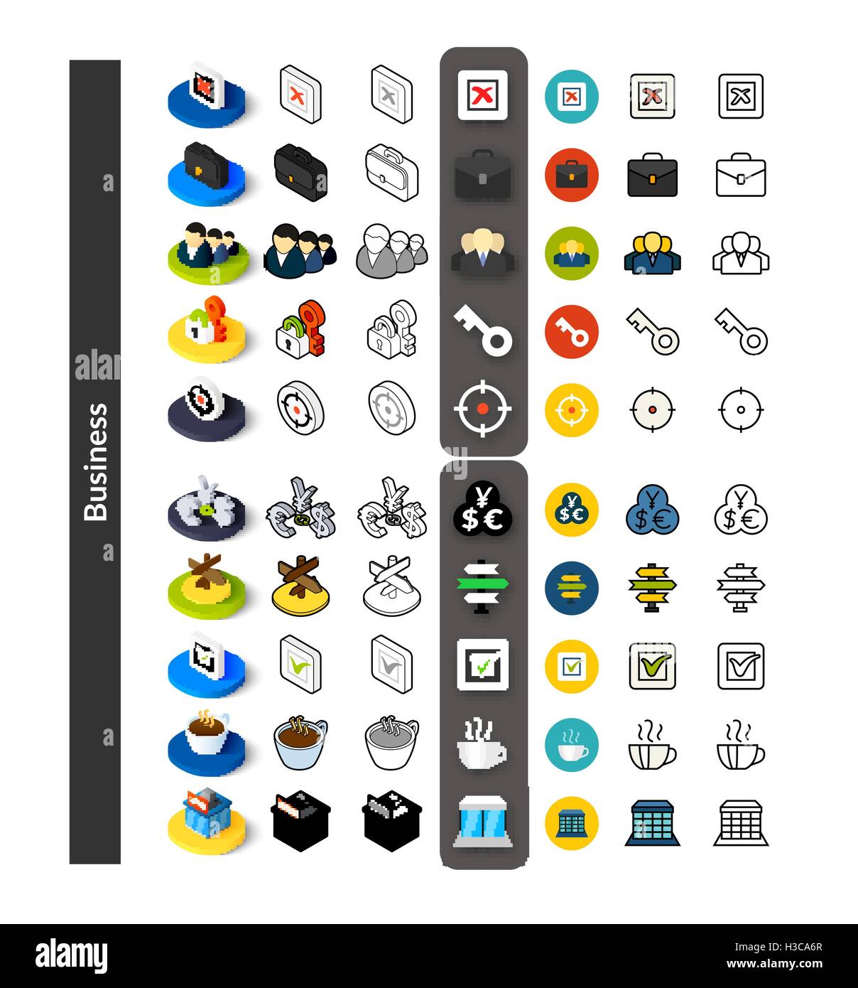 Set of icons in different style - isometric flat and otline, colored ...