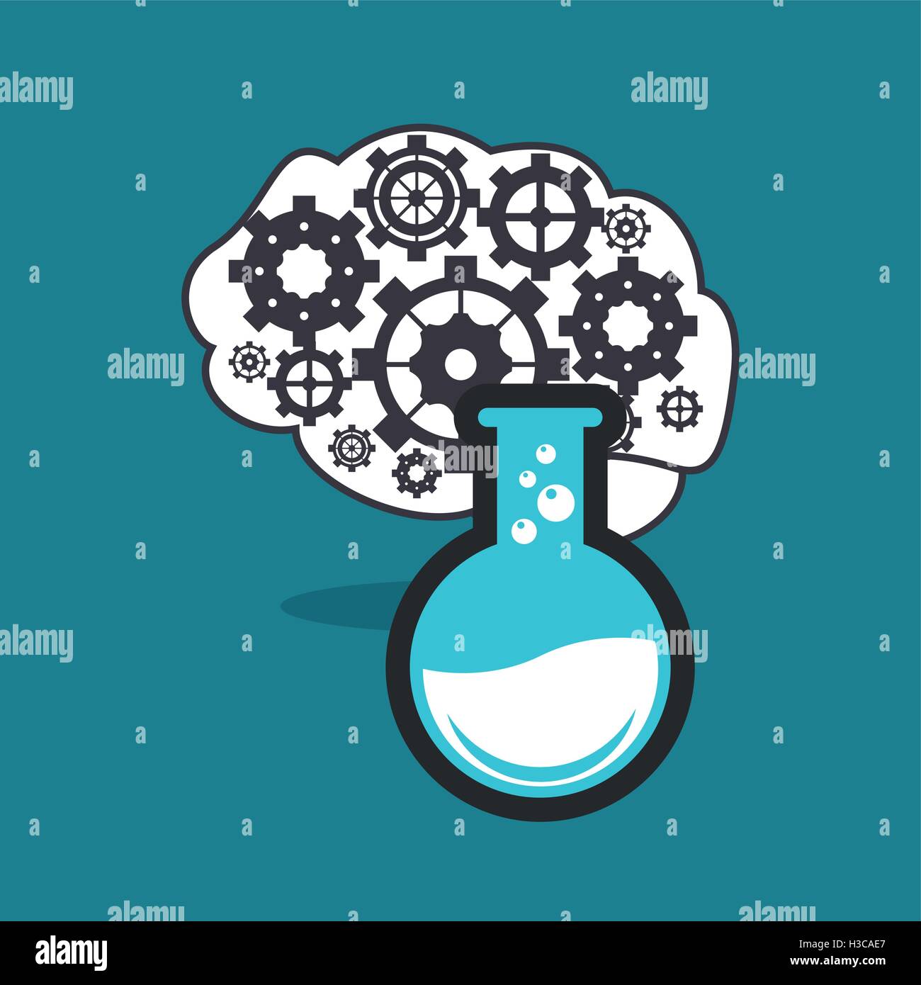human brain with gears inside and round bottom flask icon image Stock ...