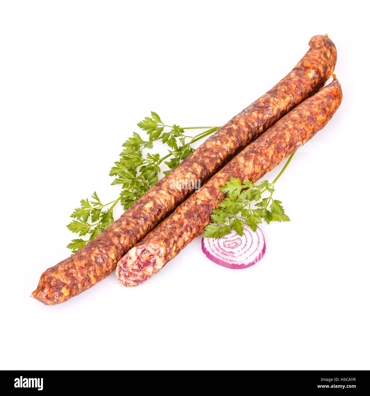 Salami smoked sausage on white background Stock Photo