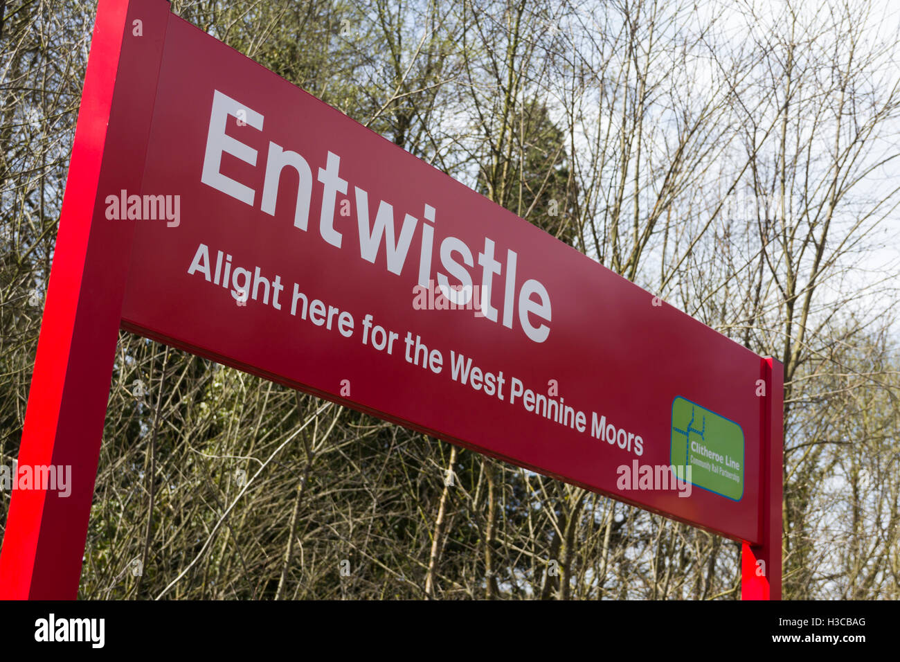Sign on the platform of Entwistle railway station, Edgworth Lancashire. This rural station serves a hamlet  and a rural pub. Stock Photo