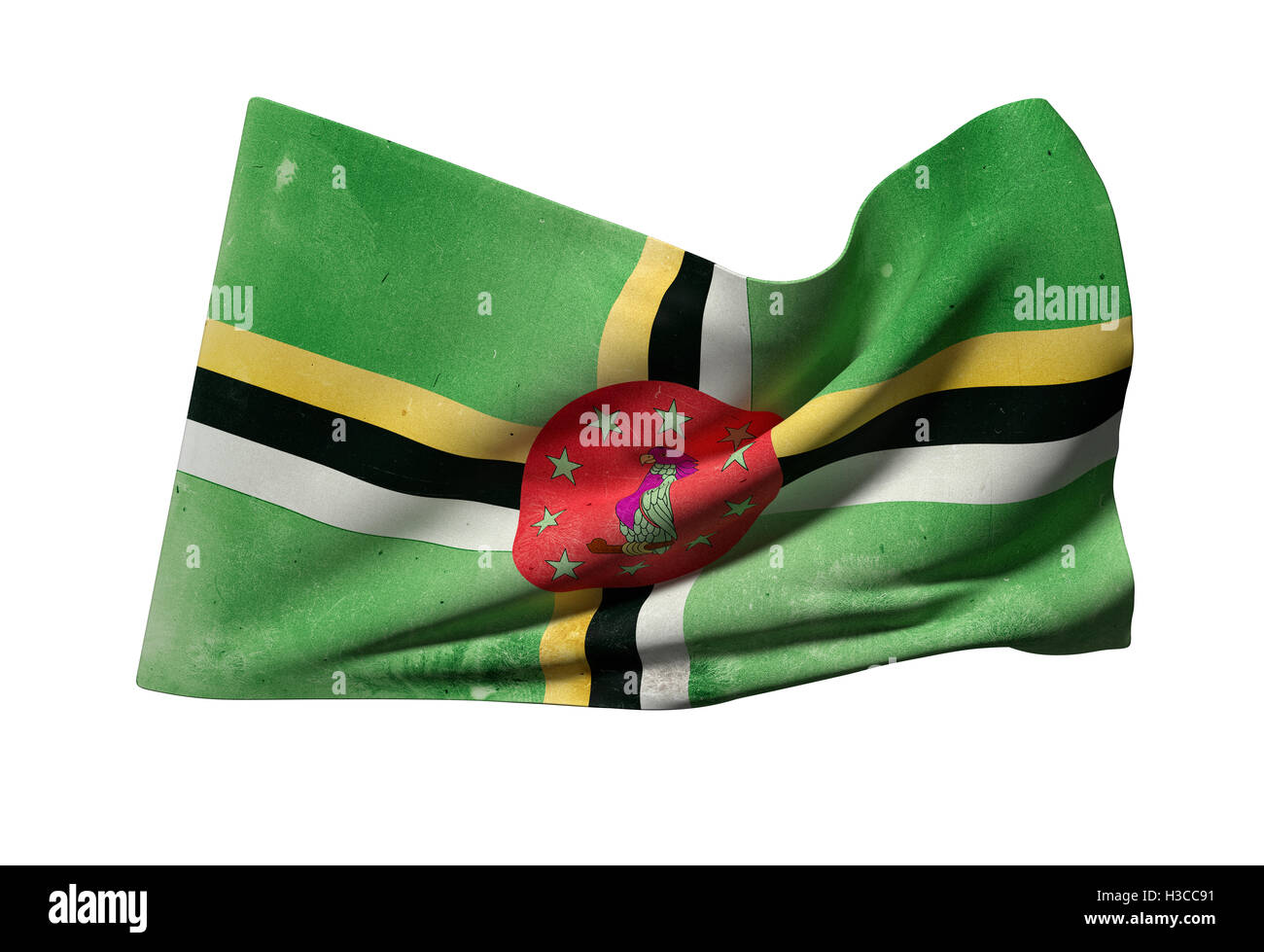 3d rendering of an old and dirty Dominica flag waving on white ...