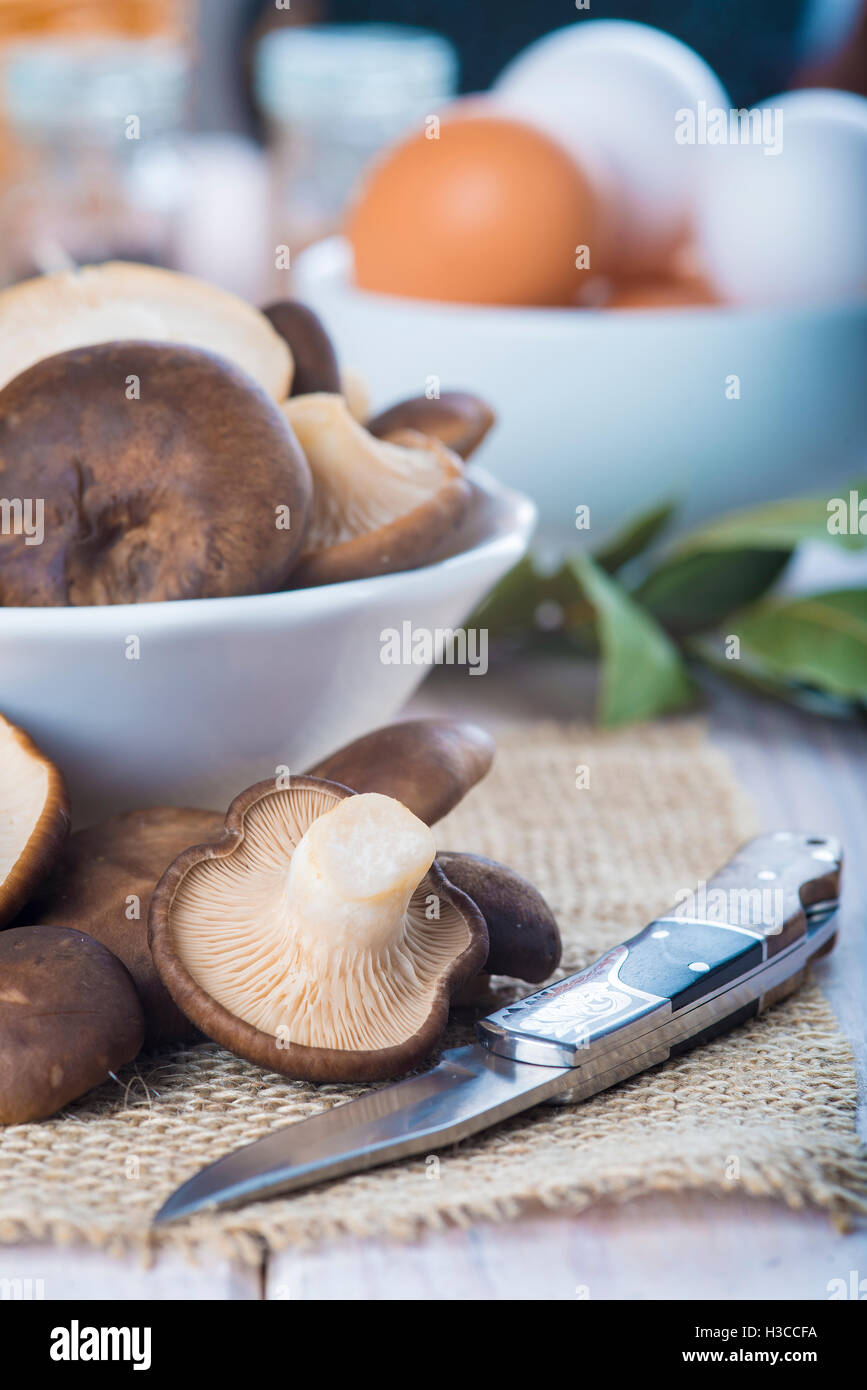 King trumpet mushrooms and ingredients for cooking on the table of the