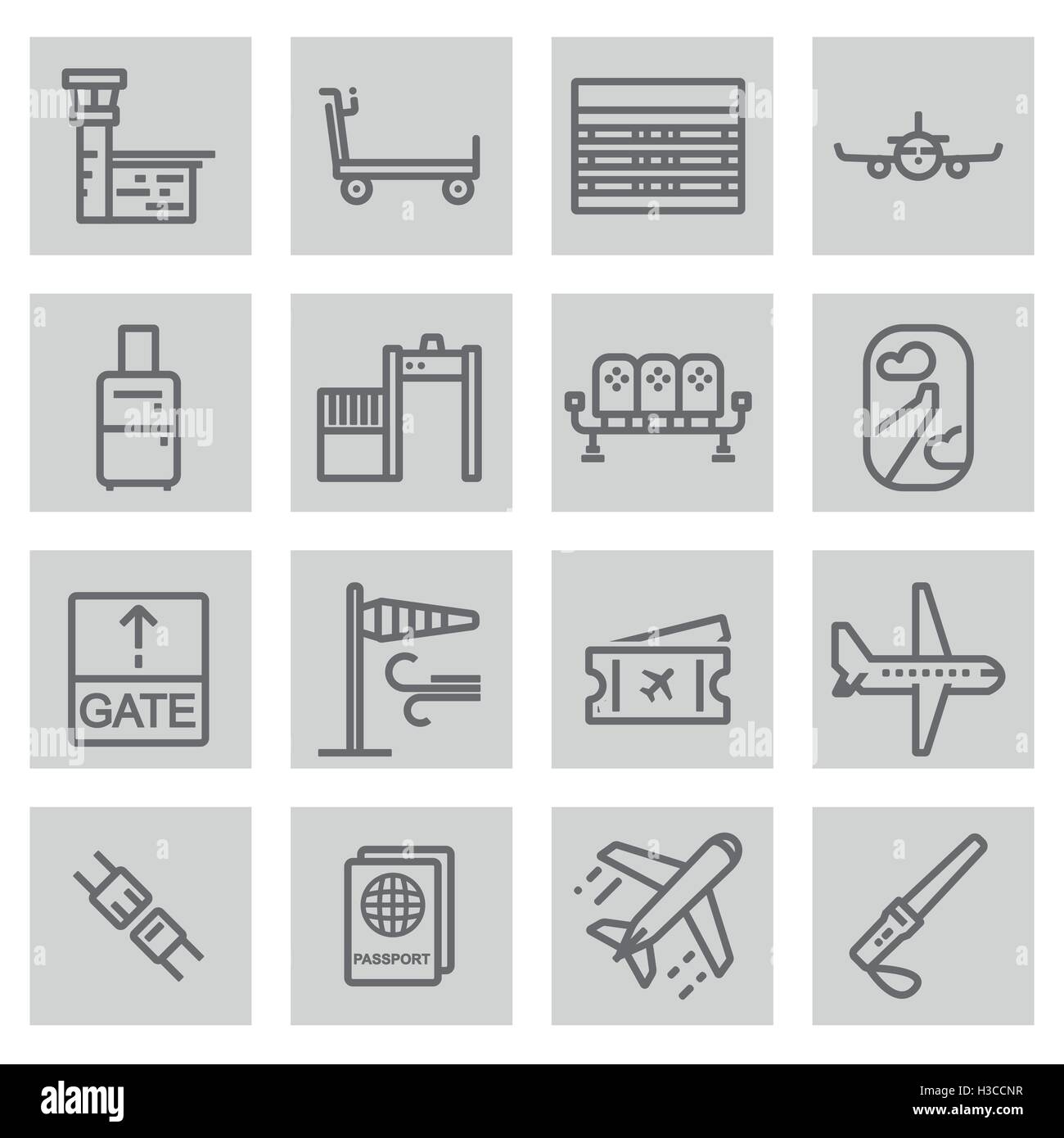 Vector black line airport icons set on grey background Stock Vector ...