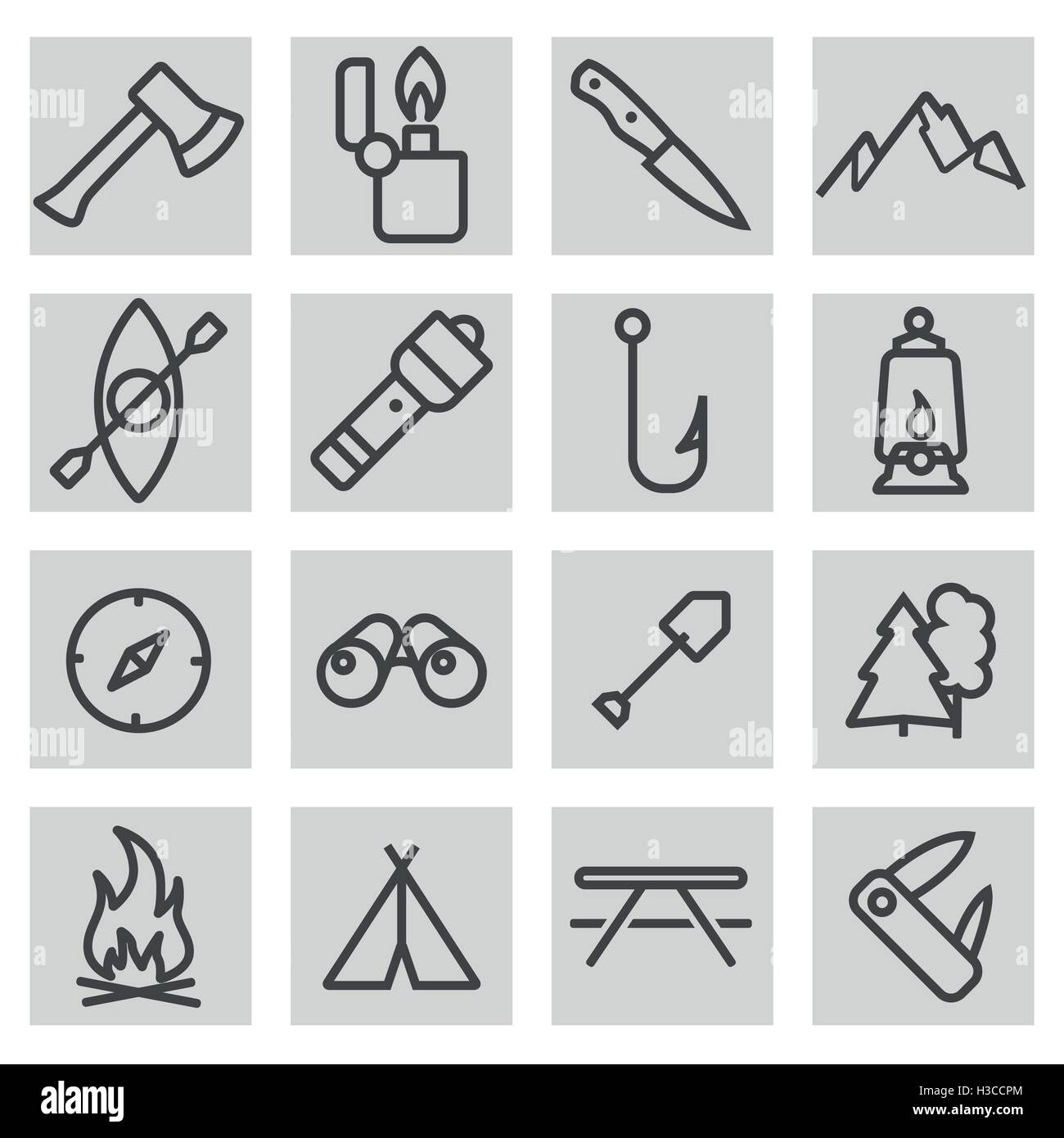 Vector black line camping icons set on grey background Stock Vector ...