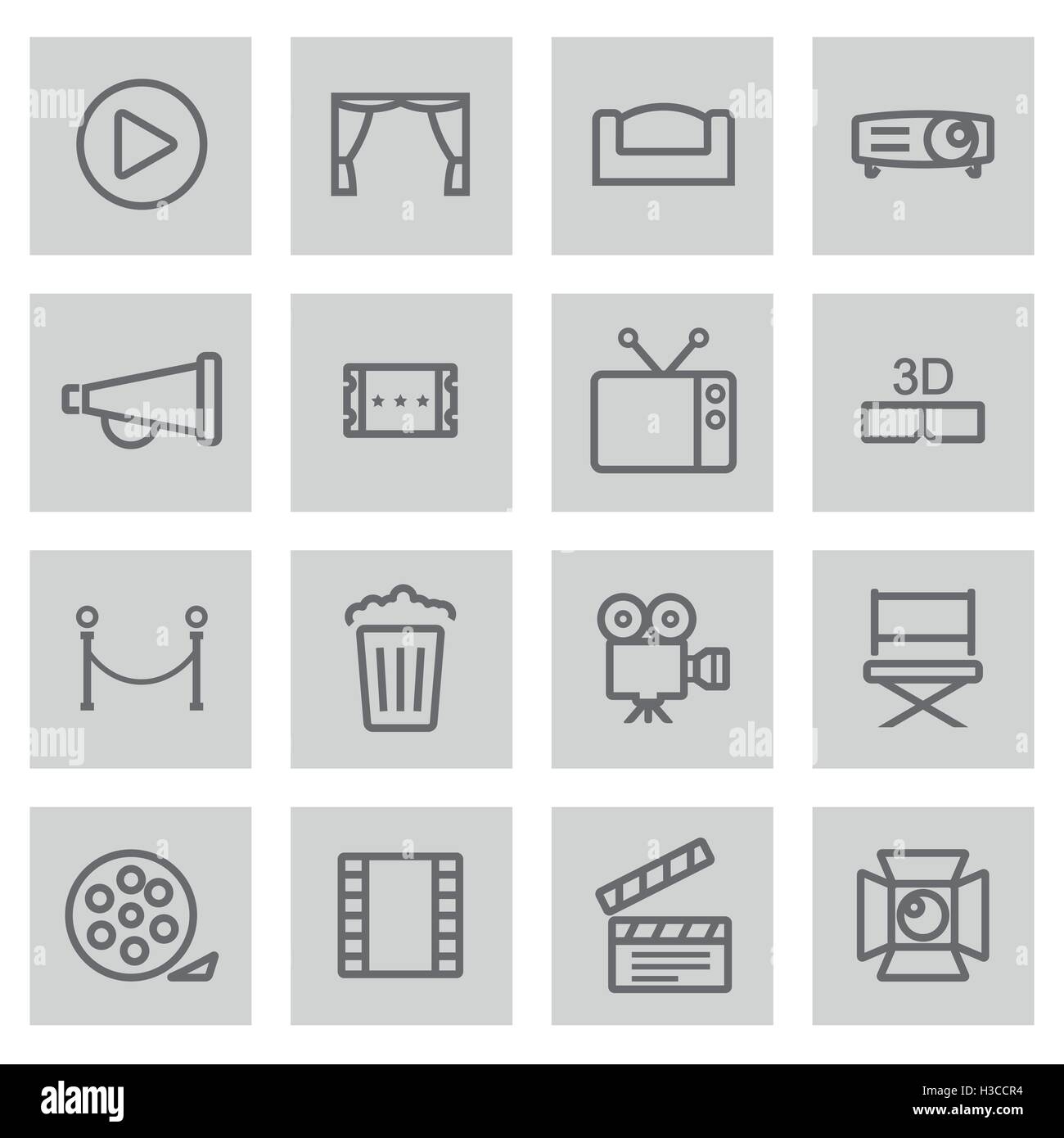 Vector black line cinema icons set on grey background Stock Vector ...