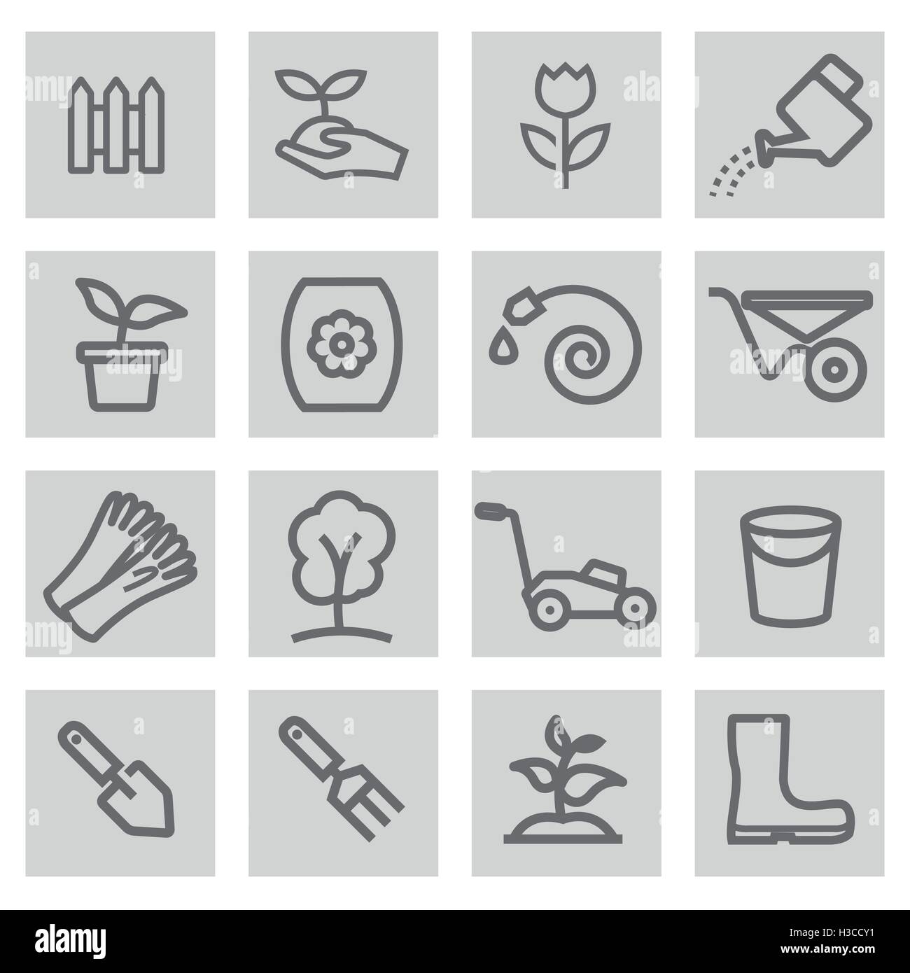 Vector black line gardening icons set on grey background Stock Vector ...