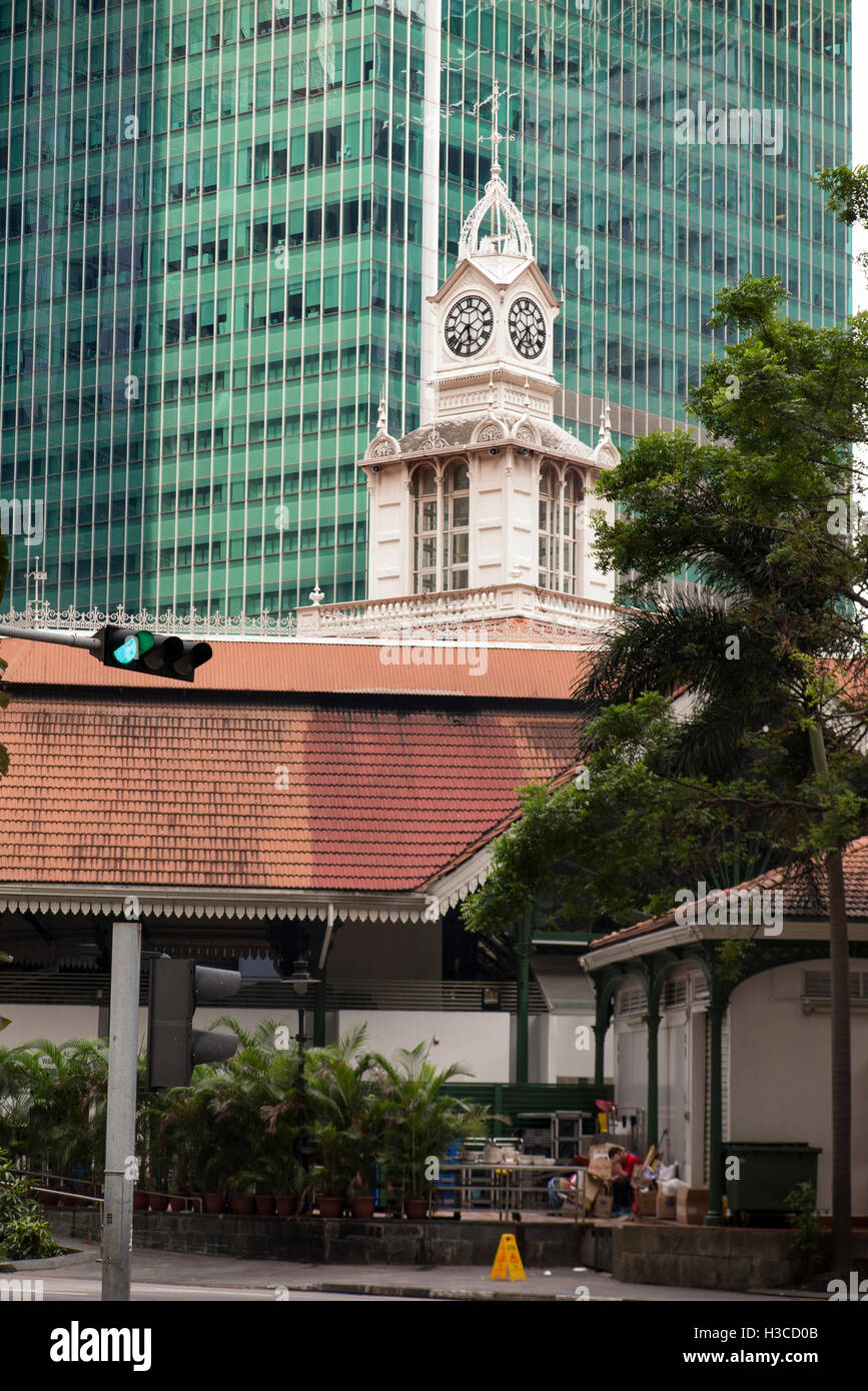 Singapore, Chinatown, Boon Tat Street, Lau Pa Sat food centre clock tower Stock Photo