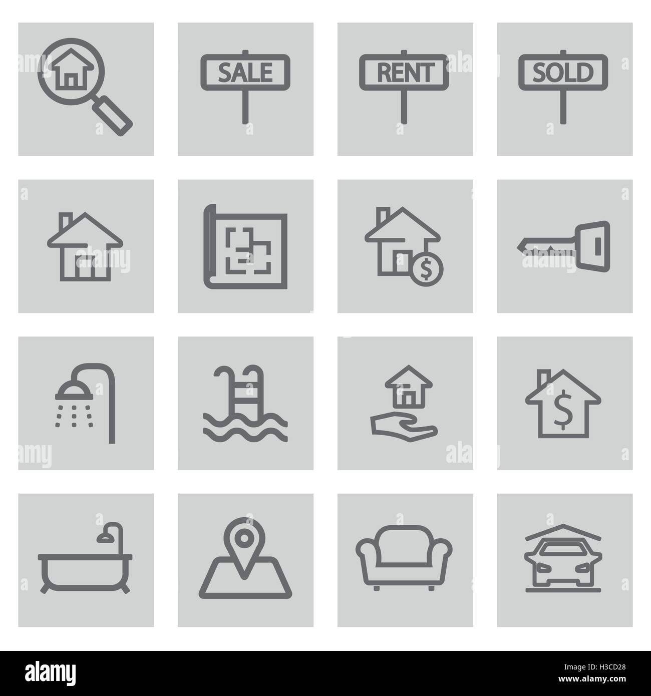 Vector black line real estate icons set on grey background Stock Vector ...