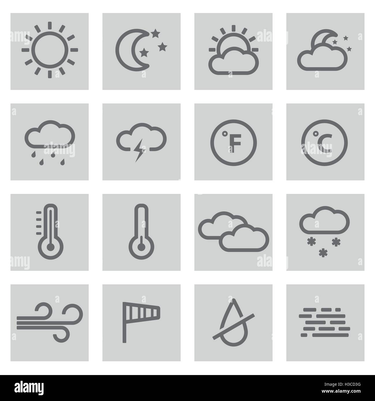 Vector black line weather icons set on grey background Stock Vector ...