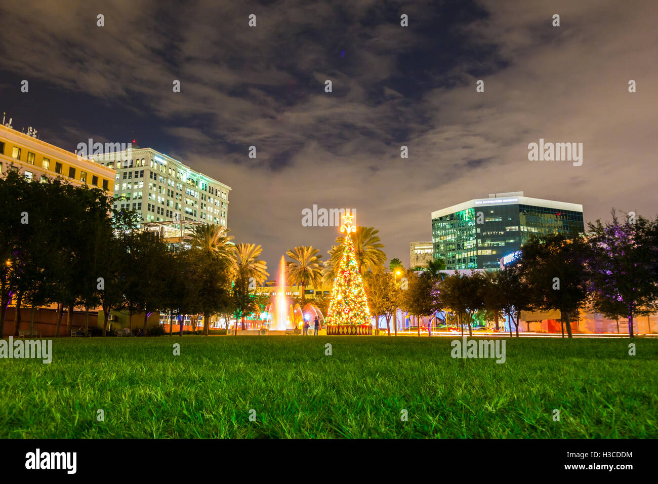 Illuminated Christmas tree at night in Huizenga Park in downtown Fort