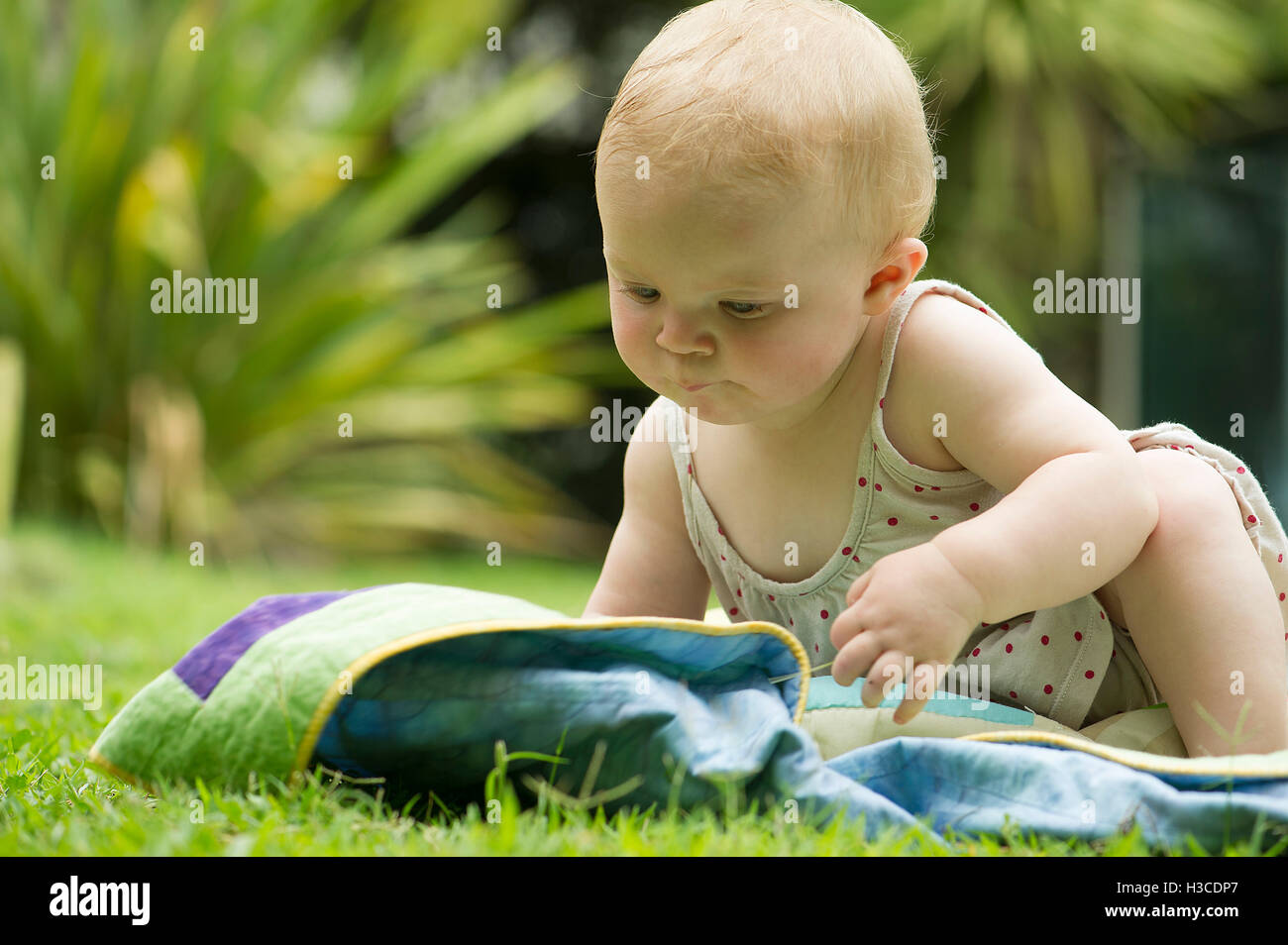 Baby sitting on blanket outdoors Stock Photo