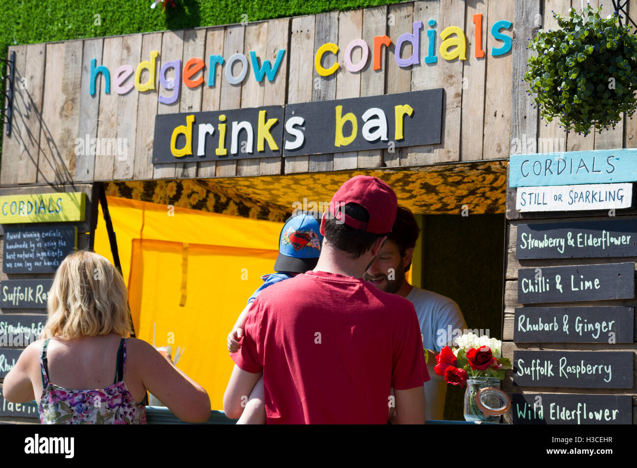 Hedgerow Cordials drinks bar, annual music festival, Jimmy's Farm, Ipswich, Suffolk, UK, 2016 Stock Photo