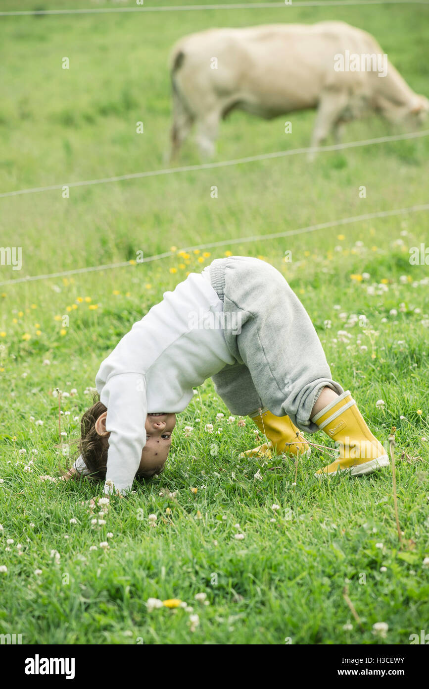 Child playing in grass on farm Stock Photo