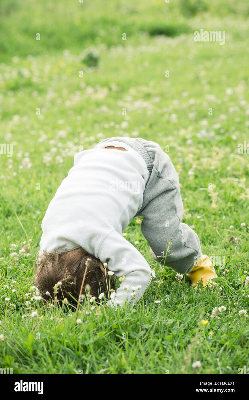 Child doing somersault in grass Stock Photo