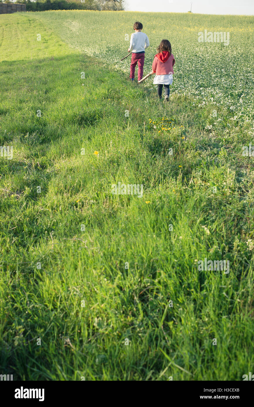 Children walking in field Stock Photo