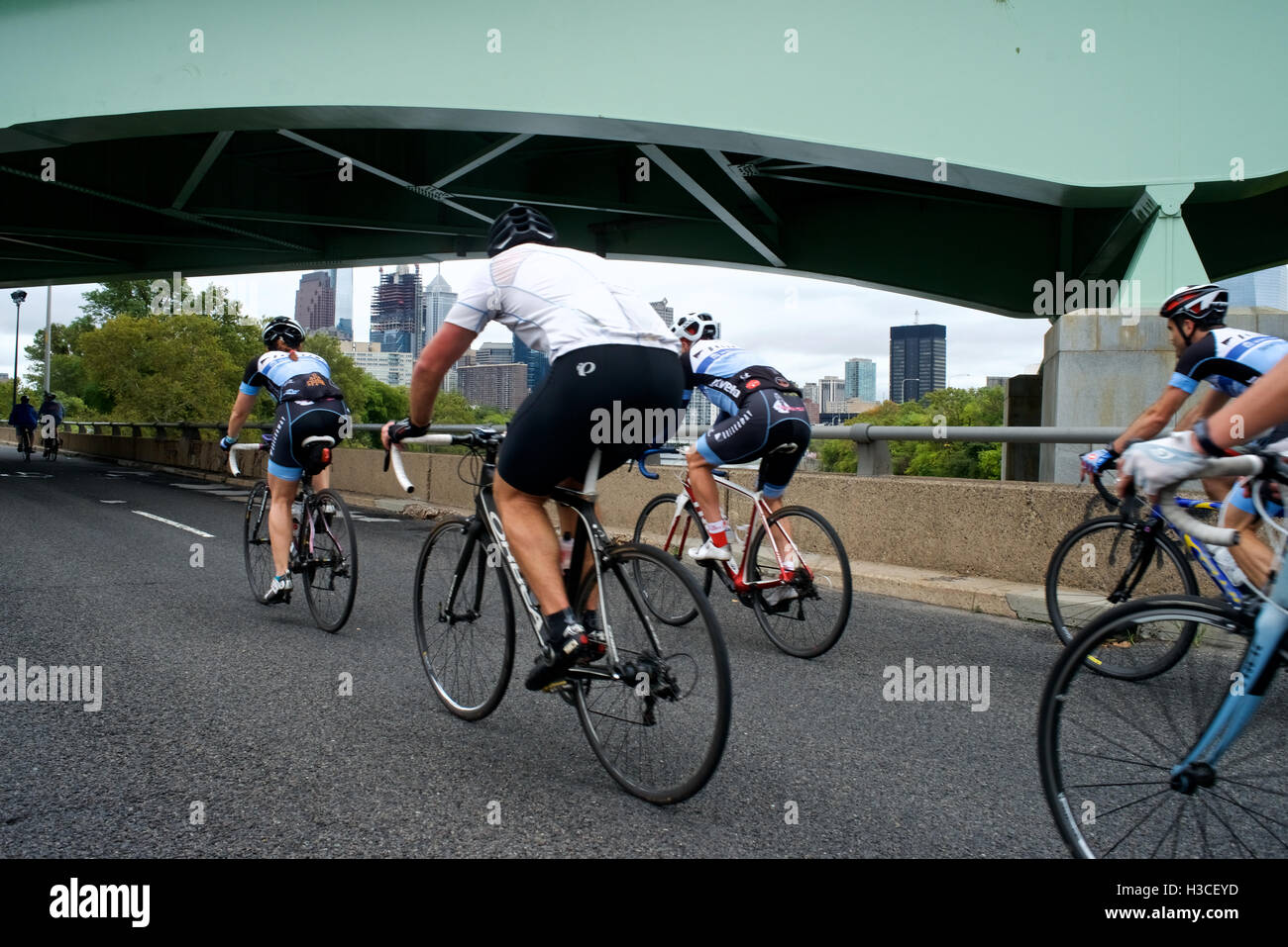 The temporary car-free zone at South St. is connected by the Schuylkill River Trail to Martin Luther King Jr. Drive, creating a  Stock Photo