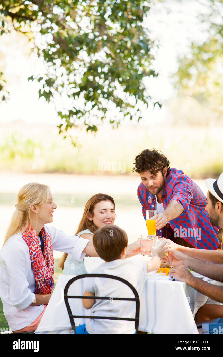 Friends clinking glasses while enjoying meal together outdoors Stock Photo