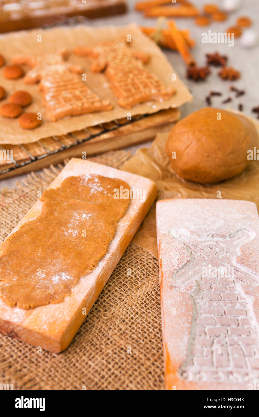 Baking traditional Dutch 'speculaas' (spiced shortcrust cookies). With