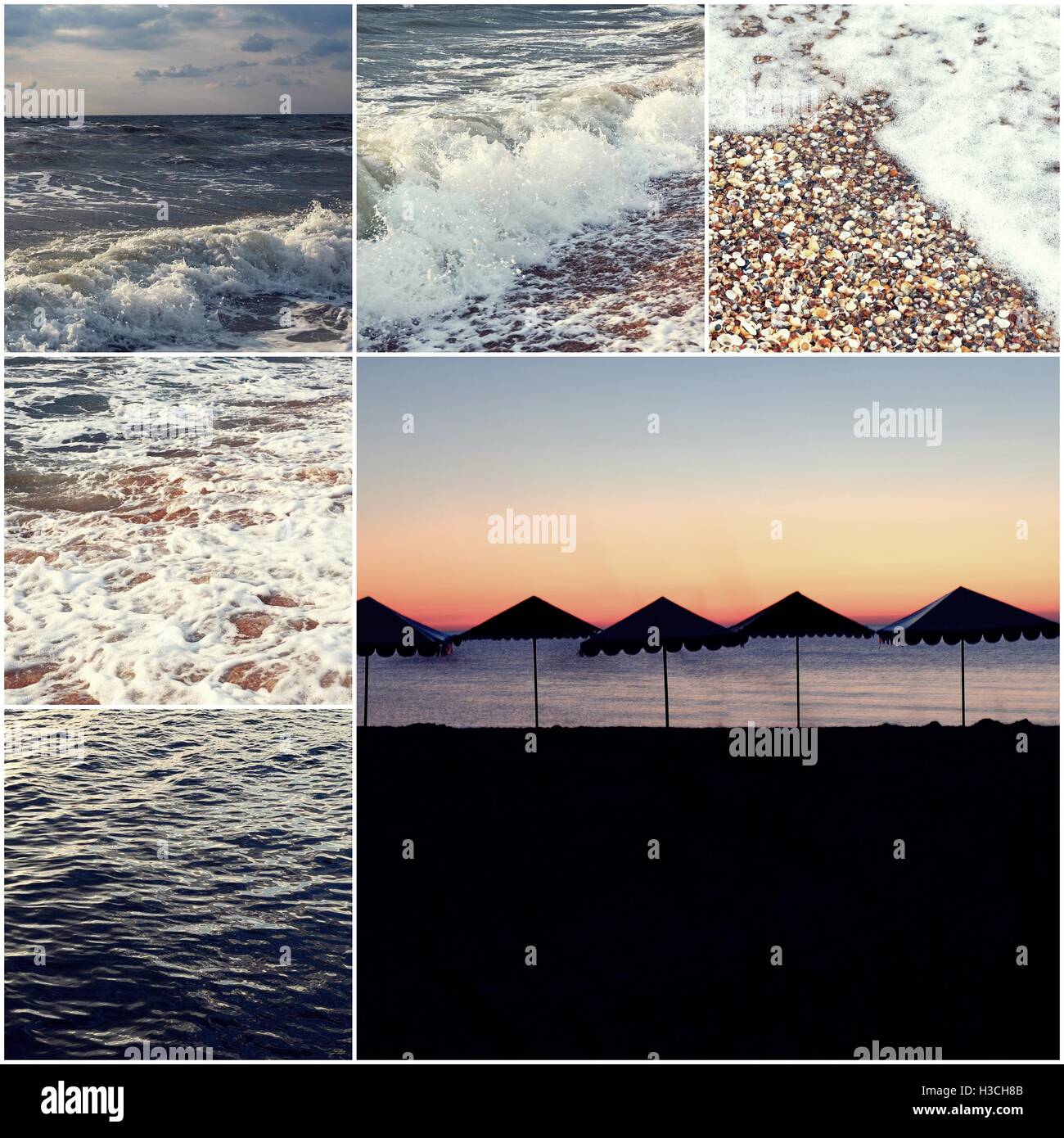 Happy summertime theme photo collage composed of colorized images of Sea of Azov and beach Umbrellas silhouettes. Stock Photo