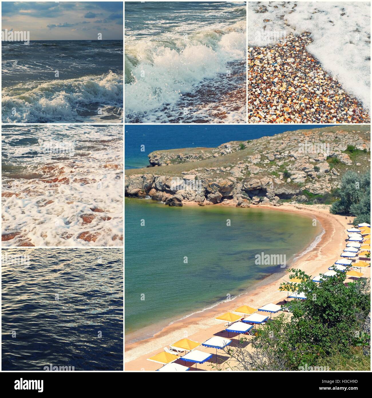 Happy summertime theme photo collage composed of colorized images of Sea of Azov Stock Photo