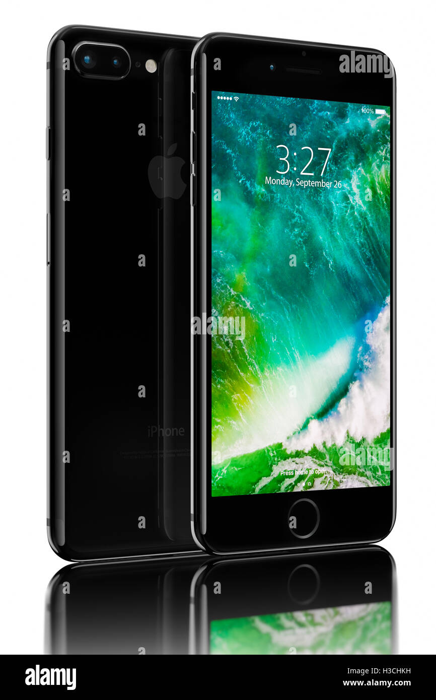 3D rendering of Jet Black iPhone 7 Plus on black background. Devices displaying the applications on the home screen. Stock Photo