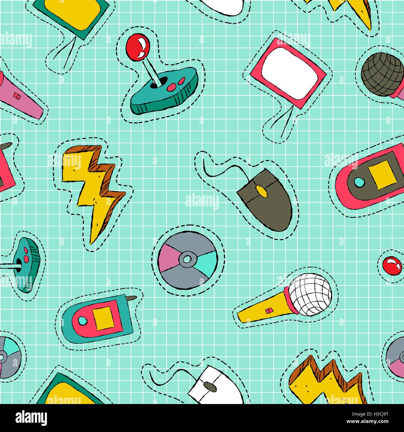 Retro style hand drawn seamless pattern with 80s and 90s video game technology patch icons. Mobile phone, music, TV and more. Stock Vector