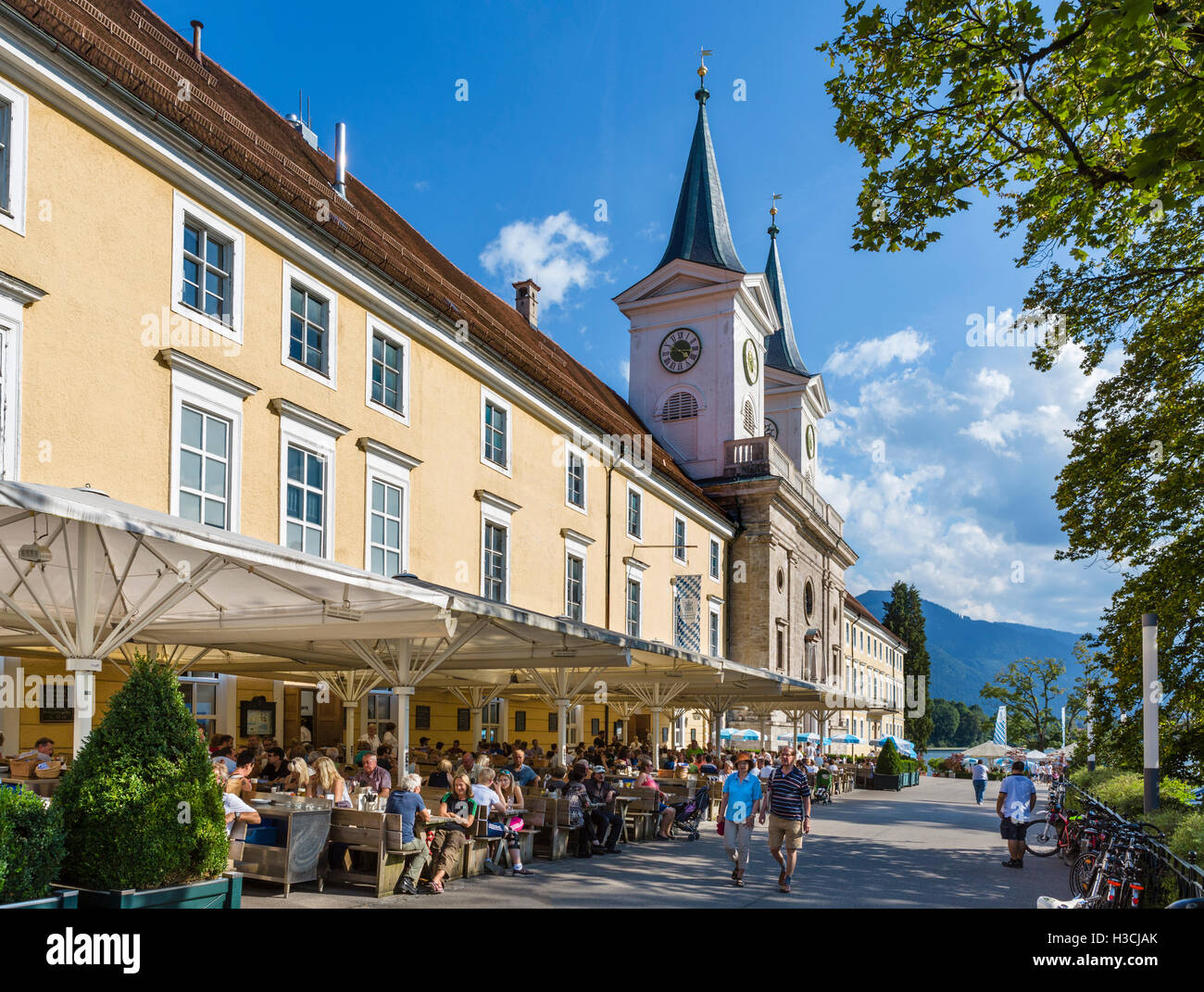 Bräustüberl in the old abbey (now known as Schloss Tegernsee) in the town of Tegernsee, Lake Tegernsee, Bavaria, Germany Stock Photo