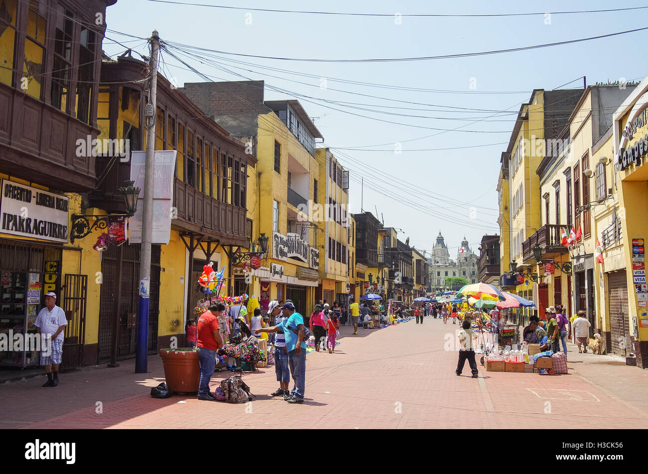 Lima, Petu -December 31, 2013: Street view of Lima old town with traditional colorful houses and wooden balcony. Stock Photo