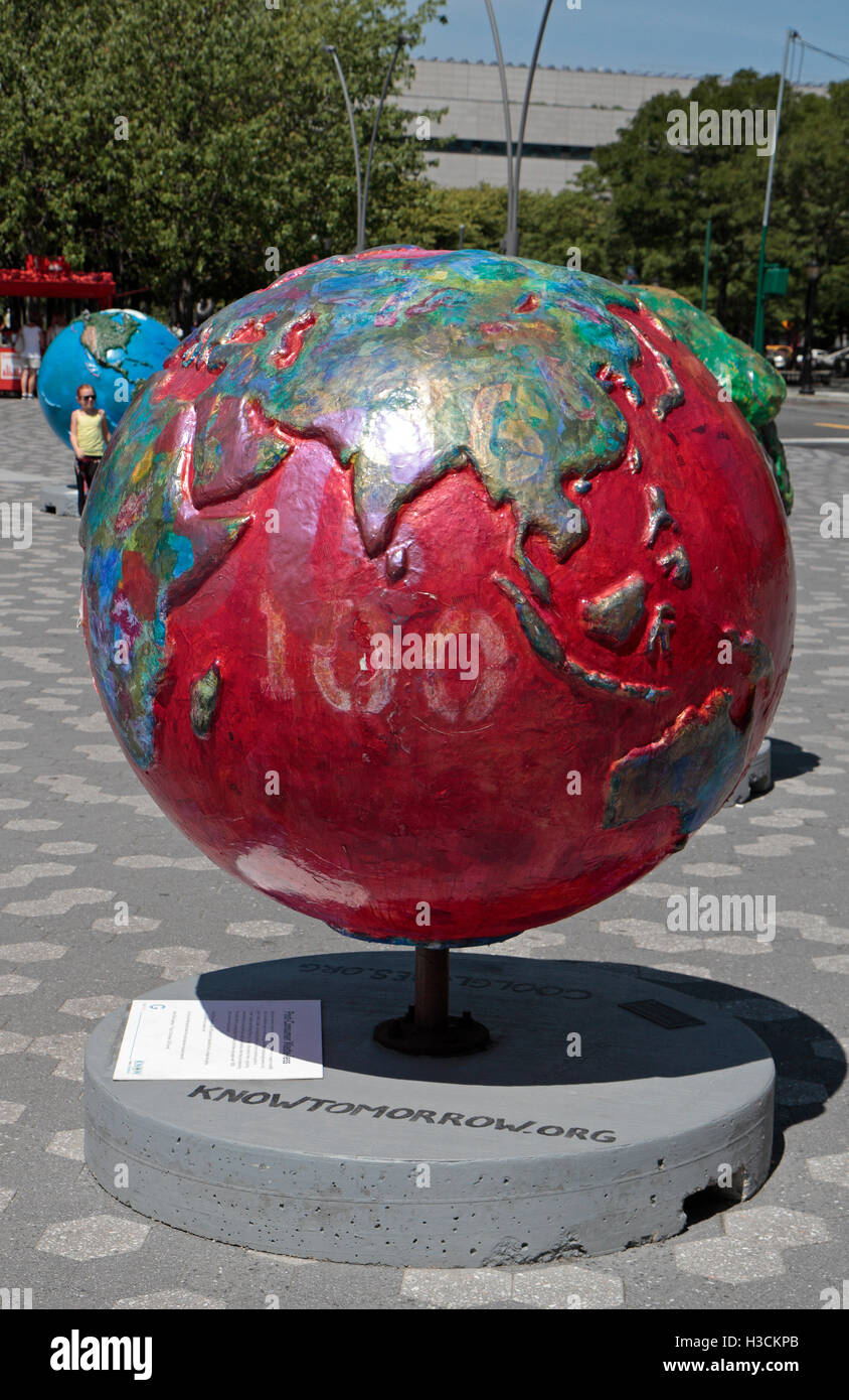 'Post-Consumer Waste-less' by Ellen Gradman, one of the “Cool Globes” exhibit, Battery Park, Manhattan, New York, United States. Stock Photo