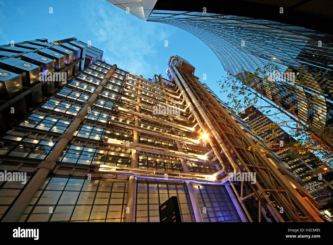 Lloyd's building London at dusk, Lime St, England Stock Photo