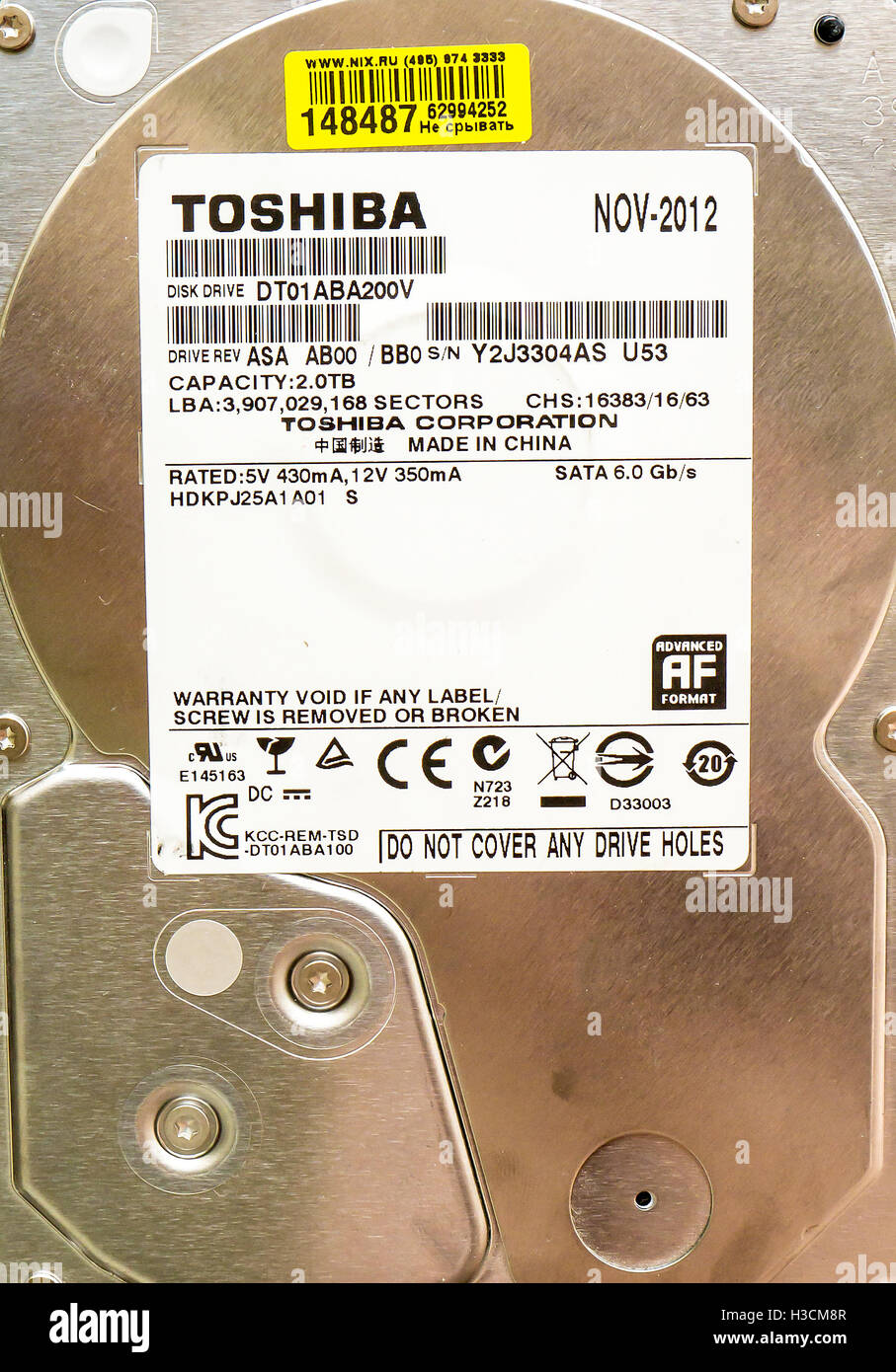 2TB HDD Toshiba DT01ABA200V. Toshiba Corporation is a Japanese multinational conglomerate corporation headquartered in Japan. Stock Photo