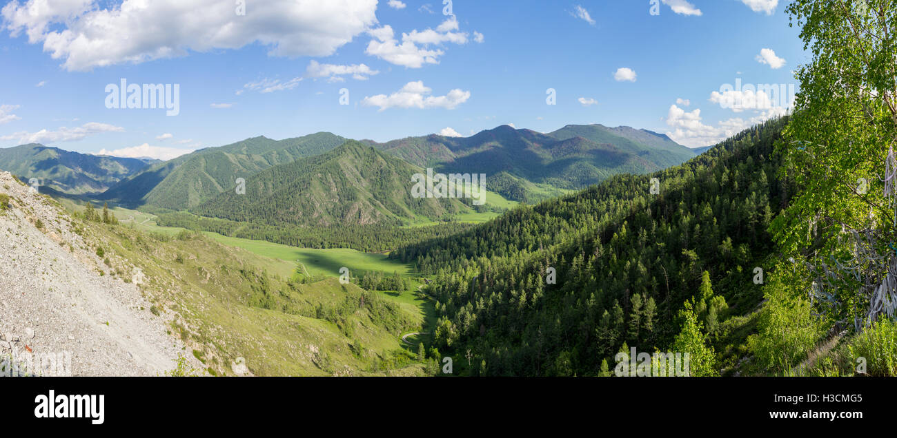 Summer view of mountain valley, under blue sky with clouds. Western ...
