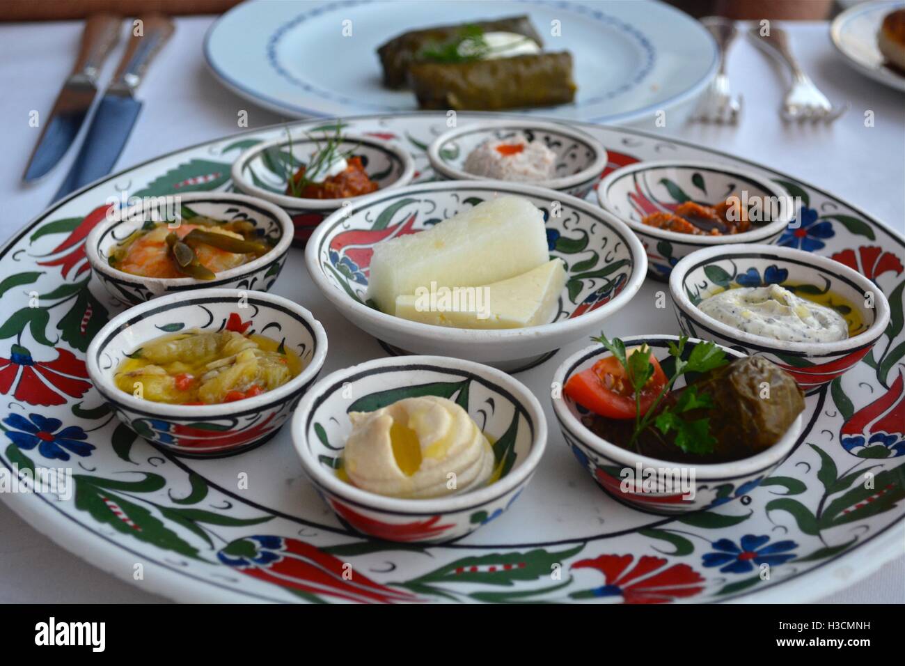 Turkish mezze appetizer at a restaurant in Istanbul. Stock Photo