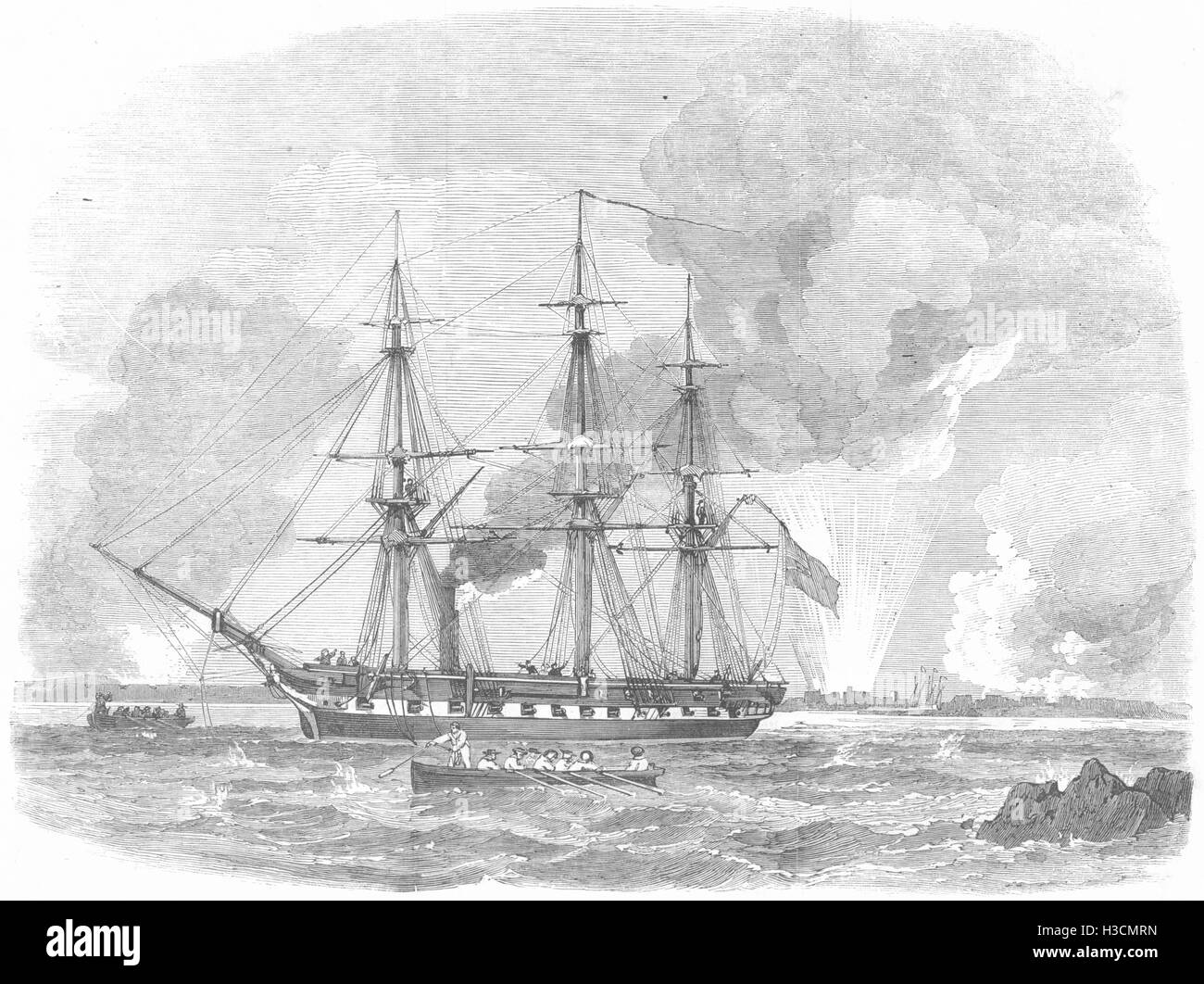 FINLAND Amphion, 34-gun ship, among guns at Sandhamn Helsinki 1855. The Illustrated London News Stock Photo