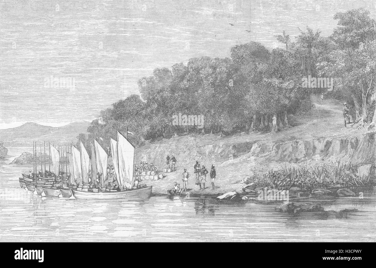 SUDAN War General Earle's Landing-place at Hamdab,on the Nile 1885. The Illustrated London News Stock Photo