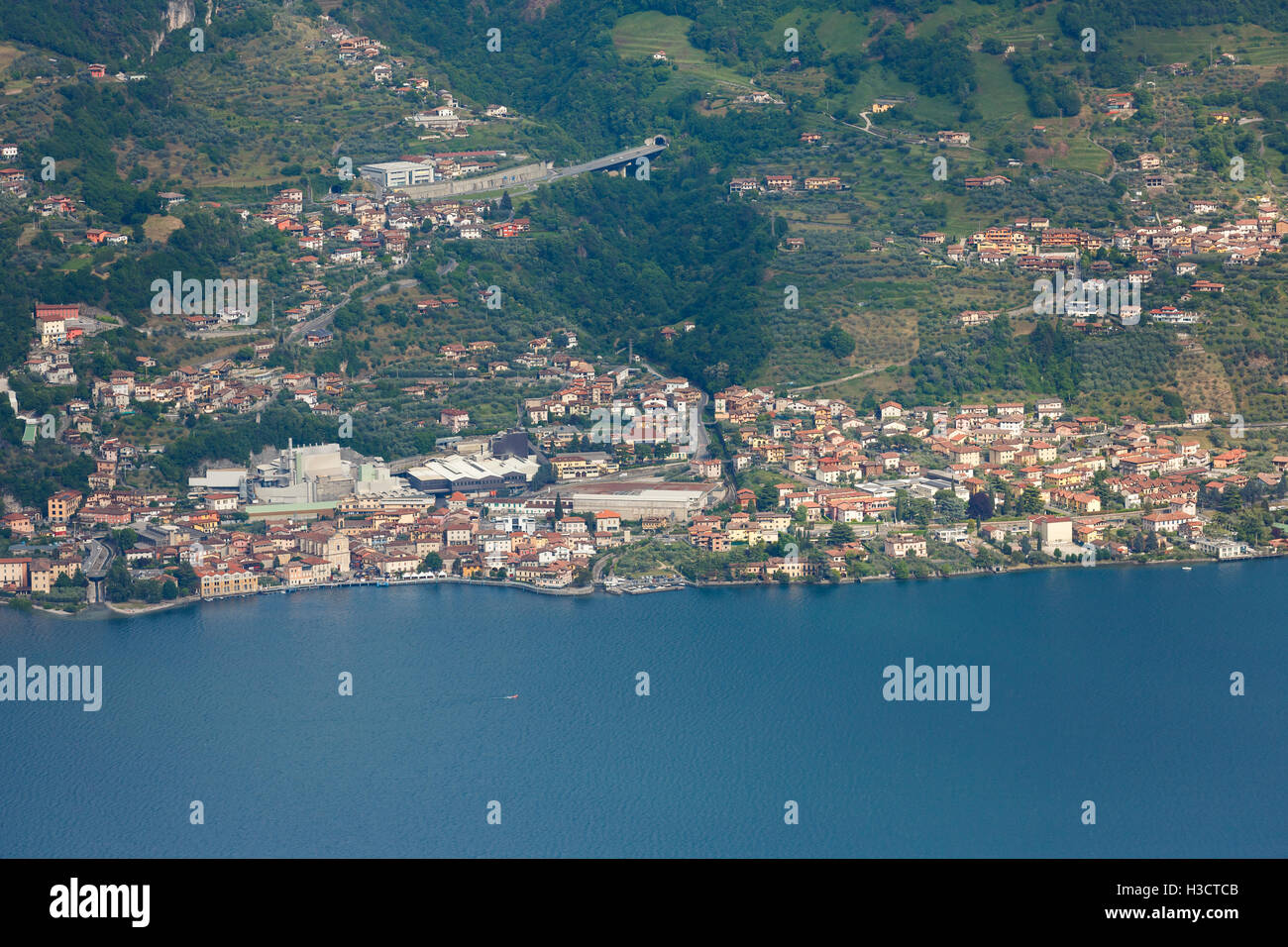 Landscape of Lake Iseo from aerial view, North Italy Stock Photo