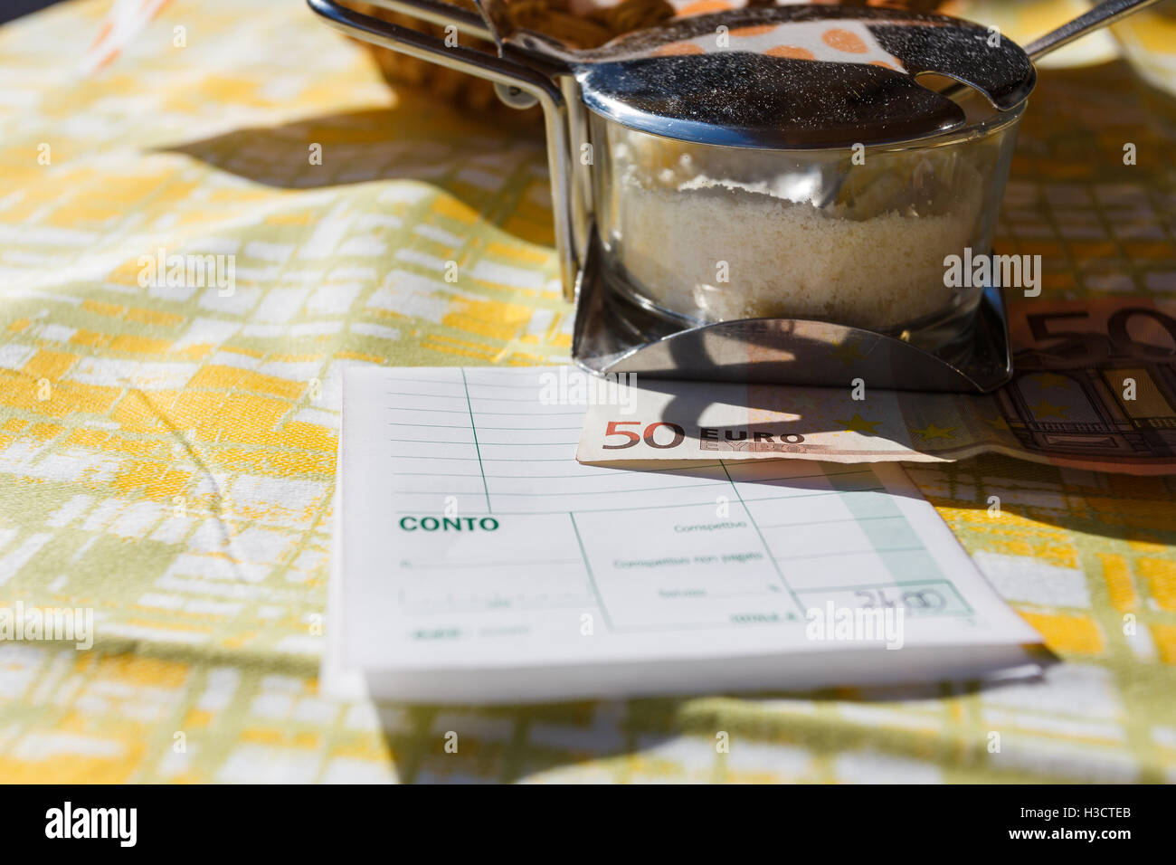 50 Euro to pay for bill on a table in a summer cafe Stock Photo