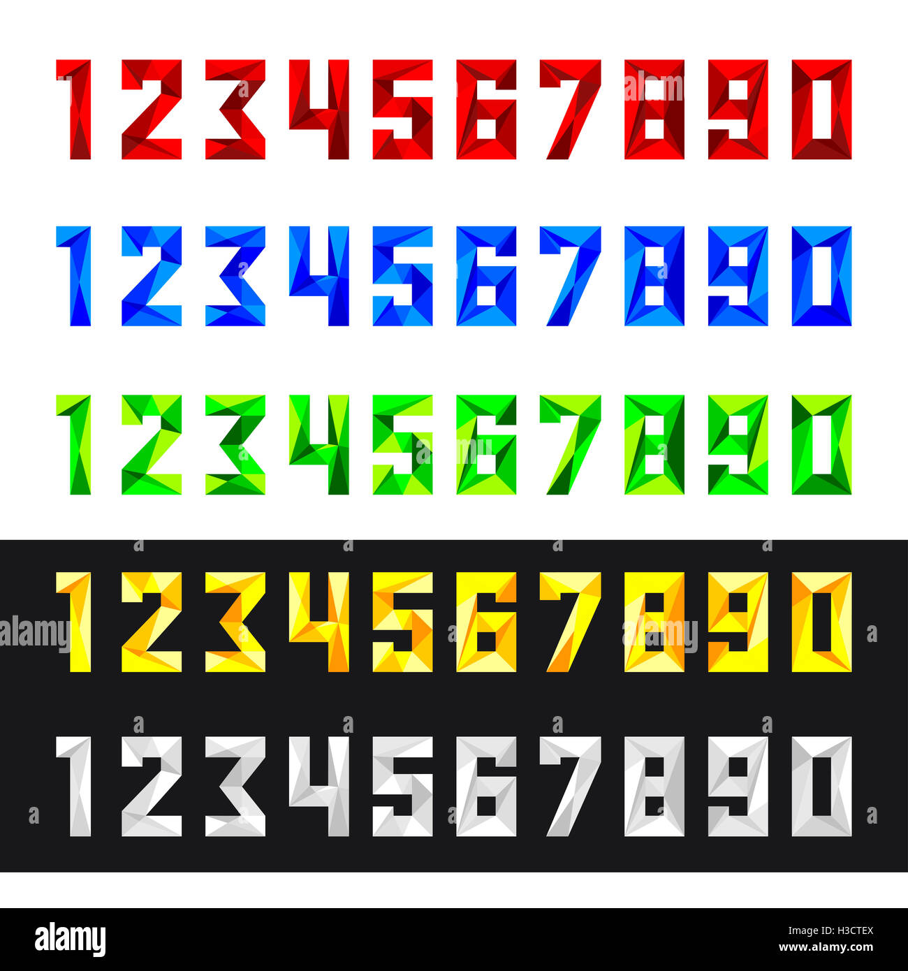 Figures 1, 2, 3, 4, 5, 6, 7, 8, 9, 0 in vector format. Set of numbers from 0 to 9 in polygonal style. Numeric set in five colour Stock Photo