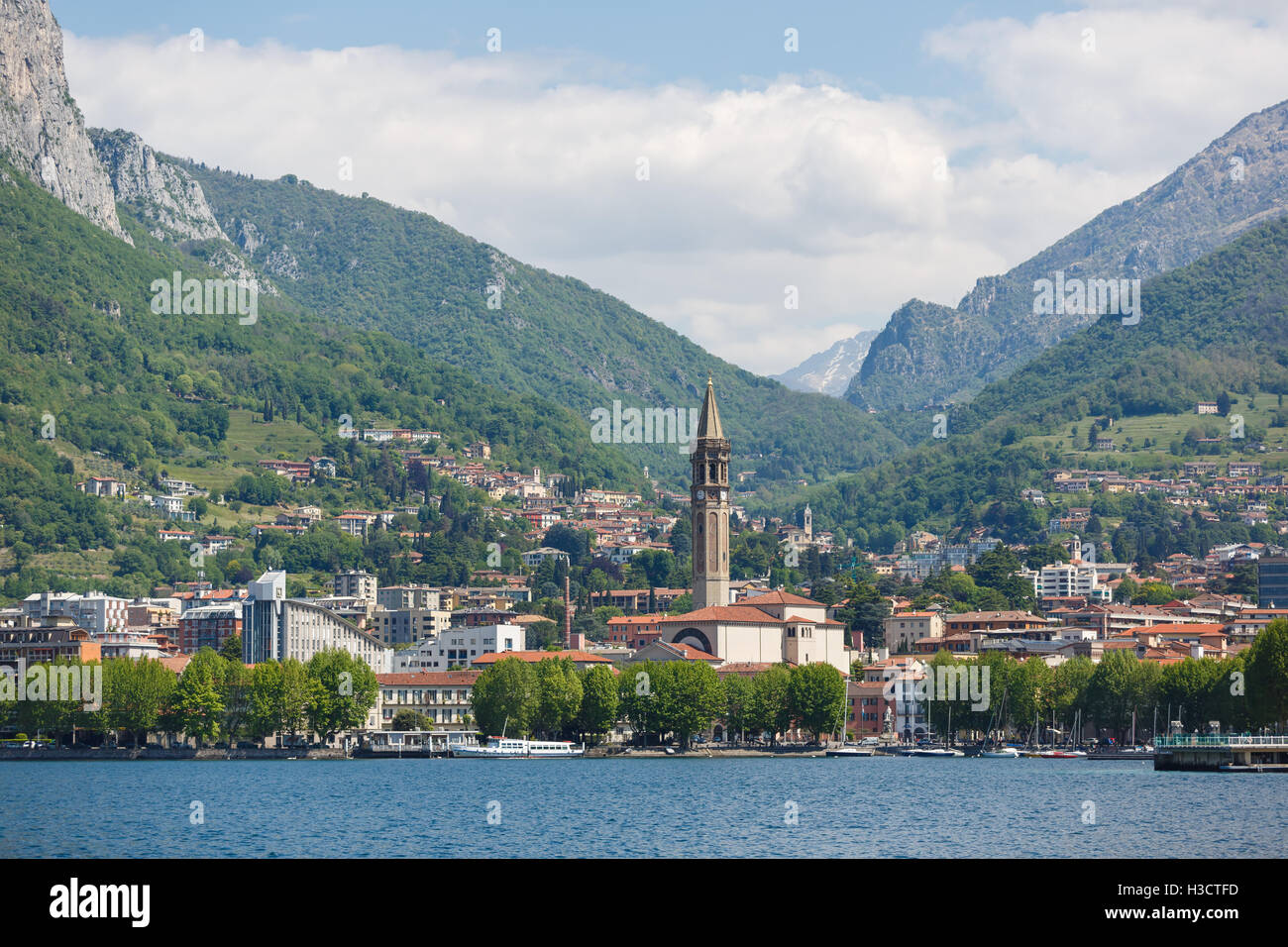 View of the cityscape of Lecco town on the coast of Lake Como, Italy Stock Photo