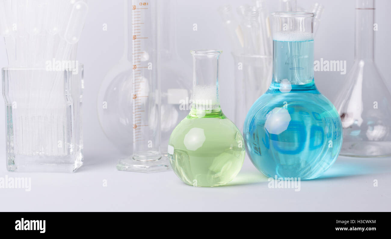 Research lab assorted glassware equipment detail Stock Photo - Alamy
