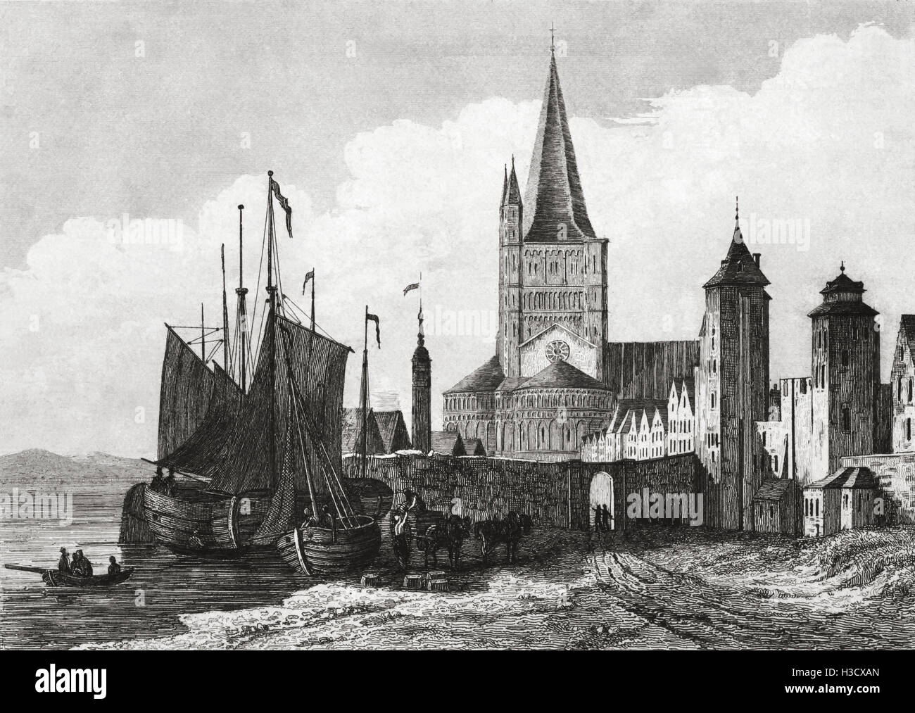 Saint Martin at Cologne ( Köln ), Germany. 19th century steel engraving by Lemaitre Direxit from 'Paysage Marítimo'. Stock Photo